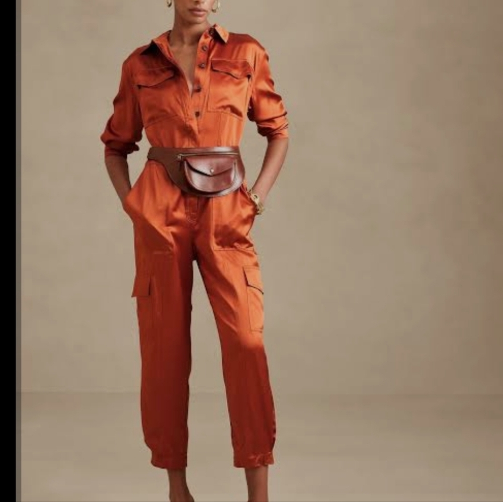 Banana Republic Women's Silk  BURNT ORANGE COPPER Jumpsuit with Belt